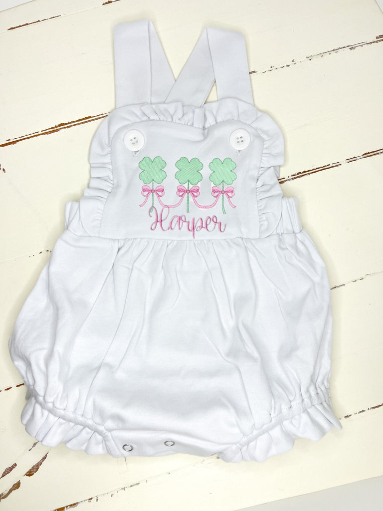 St Patrick’s day Baby Girl Outfit- Baby 4 leaf clover Sunsuit - Baby St. Pattys Day Monogram   - Baby Girl Bubble -